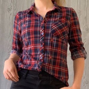 Button up plaid blue & red with diamond detail